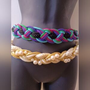 Vtg 80's Cream Braided Belt w/Faux Pearls & Blk/Purple/Fusia Braided Belt-32" L